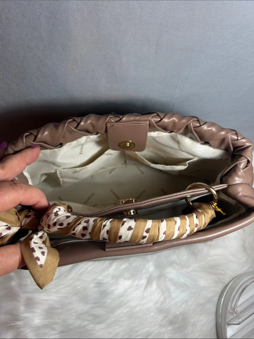 bebe Luca Mini Satchel Crossbody Woven in Taupe with Patterned Handle Wrap
